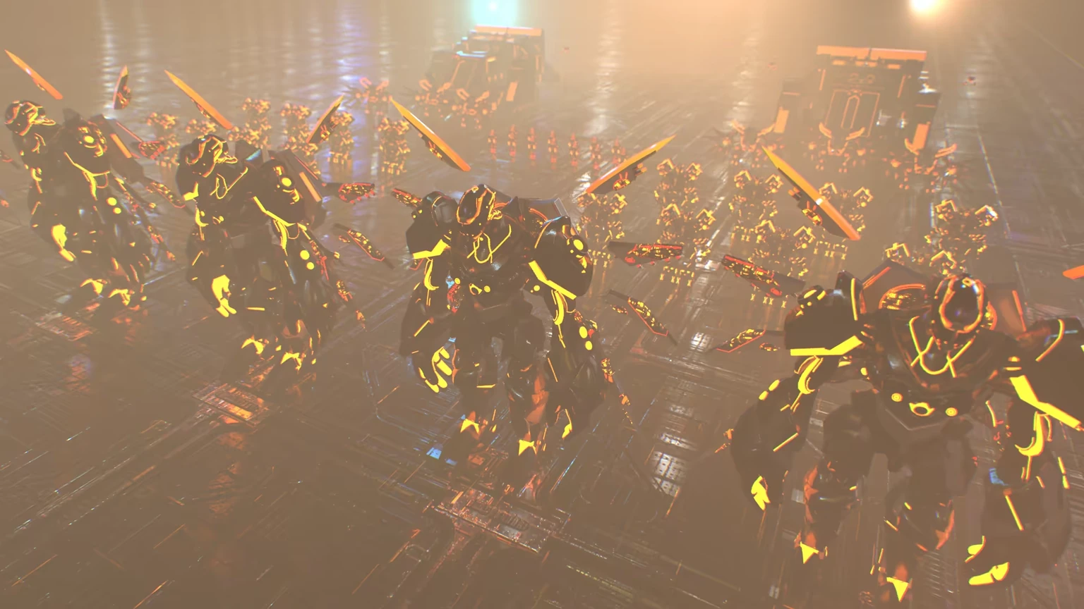 Official HOPE army render showing orange-lit armored units and drones.