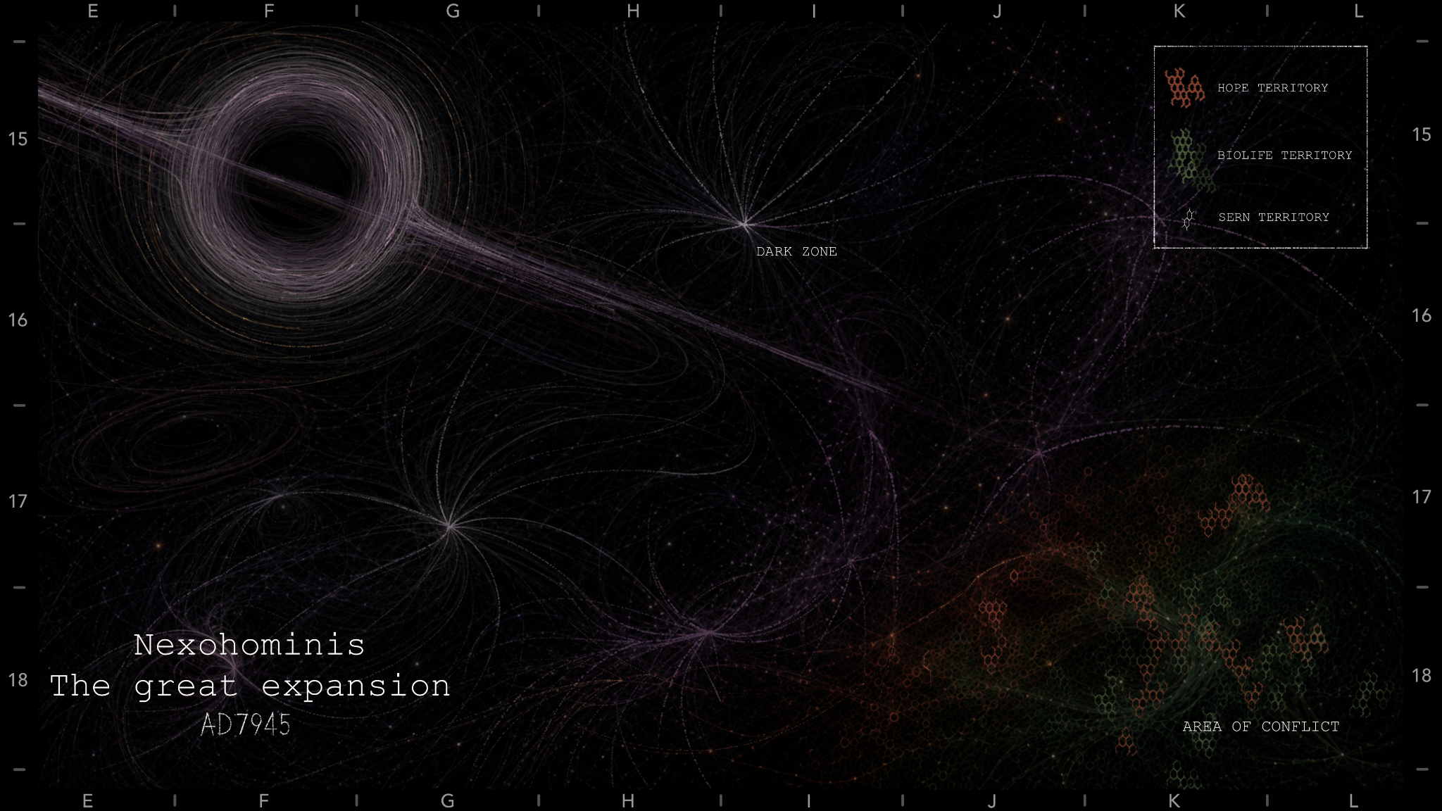 NexoHominis star map: The great expansion, AD7945. Labels include HOPE TERRITORY, BIOLIFE TERRITORY, SERN TERRITORY, DARK ZONE and AREA OF CONFLICT. Grid columns E through L and rows 15 through 18 appear around the edges.